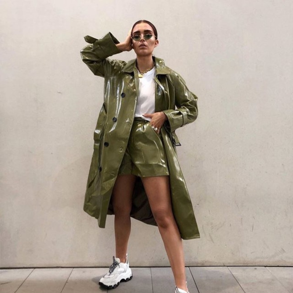 Nasty Gal belted vinyl trench coat in olive